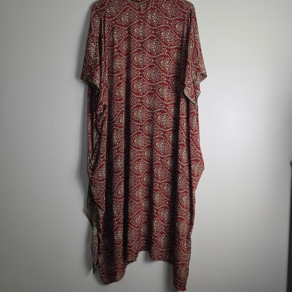 Kantha Bae Red Floral Paisley Silk Kaftan Maxi Dress with Pockets Boho One Size - Picture 7 of 9